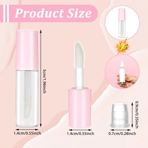 10Pcs Empty Lip Gloss Tubes 1.2ml Pink Round Lipgloss Tubes Clear Mini Refillable Lip Balm Bottles Big Brush Lip Gloss Tube Cosmetic Containers Bottles for Lipstick Samples Lip Balms Travel Split