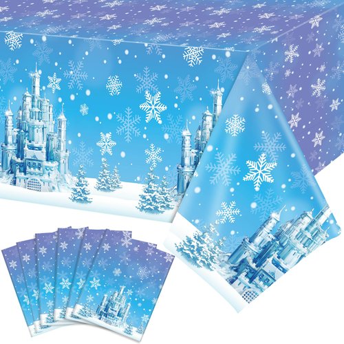 WovWeave 6 P cs Winter Snowflakes Tablecloths Plastic Christmas Party Table Cover White and Blue Snowflakes Table Cloth for Home Kitchen Xmas Winter Holiday Party Table Decor Supplies, 108x54 Inch