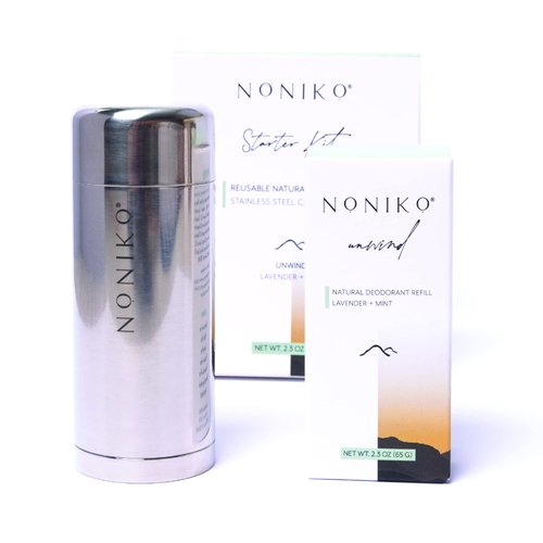 NONIKO - Natural Deodorant - UNWIND STARTER KIT - Stainless Steel Container - Aluminum Free, Paraben Free, Plastic Free - For Men & Women – Lavender and Mint