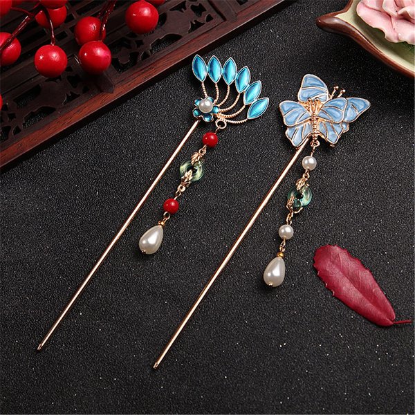 Chinese Hair Chopsticks, 2PCS Hair Stick Butterfly and Pteris Pearl Hair Pins Vintage Chignon Hair AccessoriesHeadwear with Tassel-023-2PCS