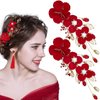 2 Pcs Red Flower Hair Clips Rose Floral Bridal Hairpins Crystal Pearl Flower Bride Headpiece Red Wedding Accessories for Women Girls Halloween Chrismas Party Prom