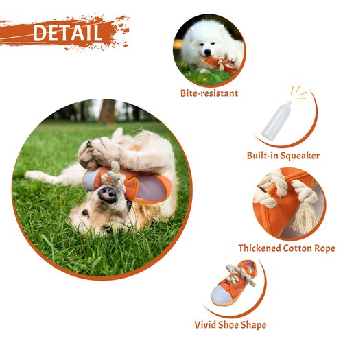 WishLotus Dog Squeaky Toys, Shoes-Shaped Dog Chew Toys Tear-Resistant Dog Plush Toys for Teeth Grinding & Relieve Boredom for Dog Gifts (Orange)
