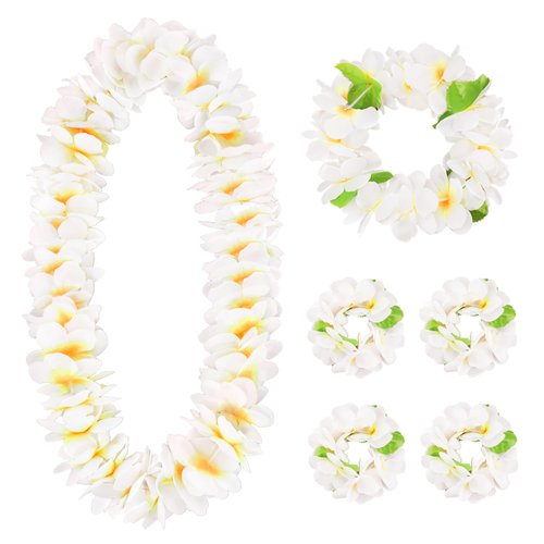 HOBBY HORSE 6 Pieces Hawaiian Luau Flower Leis Halloween Decor Leis White Necklaces Bracelets Headband Anklets Set Tropical Party Favor for Halloween Cosplay Beach Wedding Birthday Party Supplies