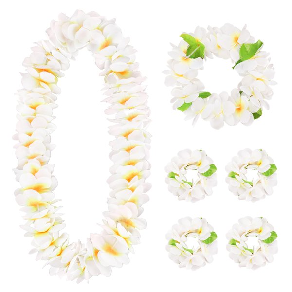 HOBBY HORSE 6 Pieces Hawaiian Luau Flower Leis Halloween Decor Leis White Necklaces Bracelets Headband Anklets Set Tropical Party Favor for Halloween Cosplay Beach Wedding Birthday Party Supplies