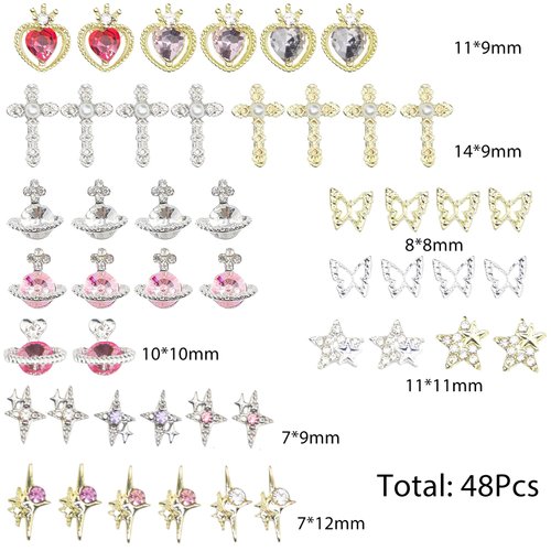 48Pcs Planet Nail Art Charms Pink White Heart Star Butterfly Cross 3D Shiny Nail Charms Saturn Shape Gold Silver Nail Rhinestones Gems Diamonds for Manicure Jewelry DIY Crafts Accessories