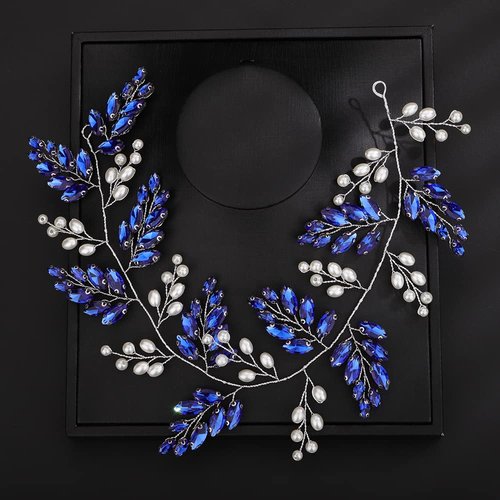 Denifery Wedding Crystal Pearl Hair Vine Bridal Rhinestone Headband Handmade Wedding Headpiece Crystal Hair Pieces Hair Accessories for Bride Women Girls (Deep Blue)