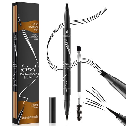 Microblading Eyebrow Pencil - Waterproof 2-in-1 Dual-Ended Eye Brow Pen with 4-Fork-Tip Brow Pen and Precise Brush Create Natural Looking Defined Eyebrows Last All Day