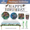 Poqirzan 98PCS Dinosaur Birthday Party Supplies Dinosaur Party Tableware Set Dinosaur Theme Birthday Party Decoration for Boys Girls Dino Paper Plates and Napkins Dinnerware Tablecloth Banner Serve 16
