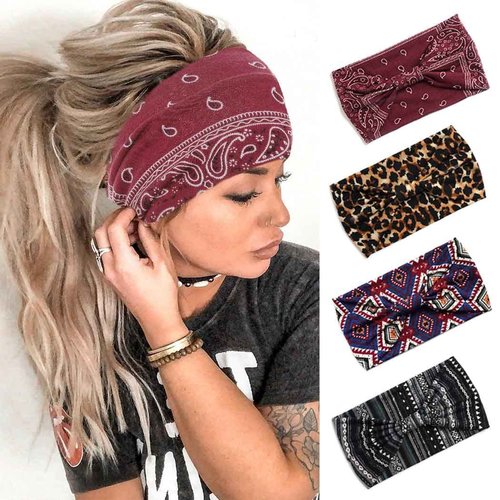 Aceorna Boho Headbands Wide Bandeau Hair Wraps - Knot Turban, Leopard Print, Twist Elastic Yoga Sweatbands, Stylish for Women and Girls - 4 Pcs (Set c)