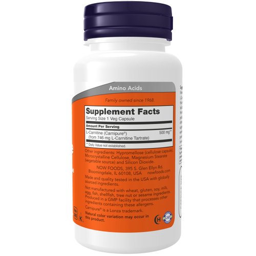 NOW Foods Supplements, L-Carnitine 500mg, Purest Form, Amino Acid, Fitness Support*, 60 Veg Capsules