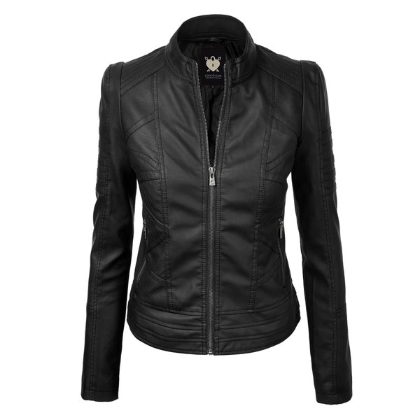 Lock and Love LL WJC746 Womens Vegan Leather Motorcycle Jacket L BLACK