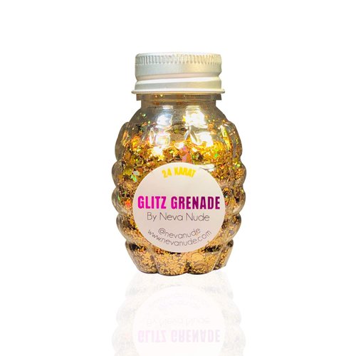 Neva Nude Face and Body Glitter Keychain - Chunky Glitter in Aloe for Festivals, Raves, and More | Cosmetic Grade | Super Sparkly (24 Karat Gold Holographic Glitz Grenade)