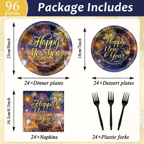 96pcs Happy New Year Party Plates and Napkins, 2025 New Year Eve Decorations for Holidays Fireworks Dinnerware Set Disposable Party Dessert Plates, New Year's Eve Tableware Supplies Decor, Serves 24