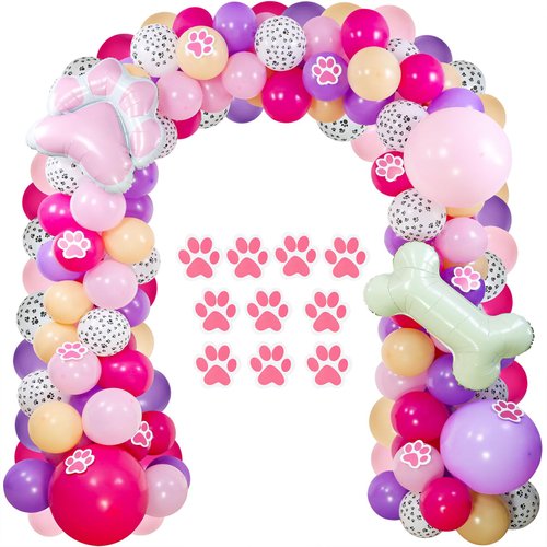 Dog Balloon Arch Garland, Pink Purple Dog Print Balloons with Bone Foil Balloons for Dog Birthday Decorations Girls Birthday Pet Dog Party Supplies