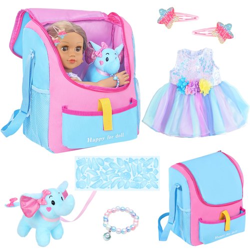 UNICORN ELEMENT 18 Inch Girl Doll Accessories with Doll Carrier Bag + Dress + 2 Hairpins + Blue Sticker + Bracelets + Toy Elephant, Baby Doll Clothes and Accessories for 18 Inch Doll (No Doll)
