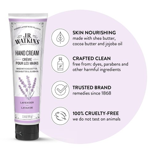 J.R. Watkins Natural Moisturizing Hand Cream, Hydrating Hand Moisturizer with Shea Butter, Cocoa Butter, and Avocado Oil, USA Made and Cruelty Free, 3.3oz, Lavender, Single