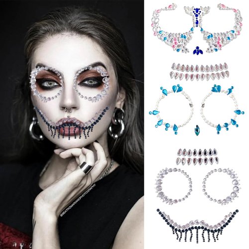Halloween 3D Face Jewel Makeup Sticker Crystal Decal Shiny Acrylic Drill Stickers For Carnival Festival Party Body Art Terror Grimace Decorations Horror Gem Temporary Tattoo Stickers (Silver blue)