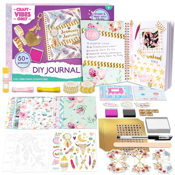 Good Vibes Journal DIY Set by Craft Vibes Only – Personalized Diary - Custom Journals for Girls - Creative Writing Scrapbook Kit - Customize Your Notebook - Pen Included! - Ages 8 & Up