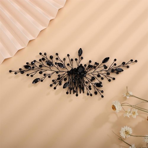 Aimimier Bridal Black Crystal Hair Comb Black Rhinestone Hair Vine Side Comb Prom Party Festival Wedding Hair Accessories for Women (Black)