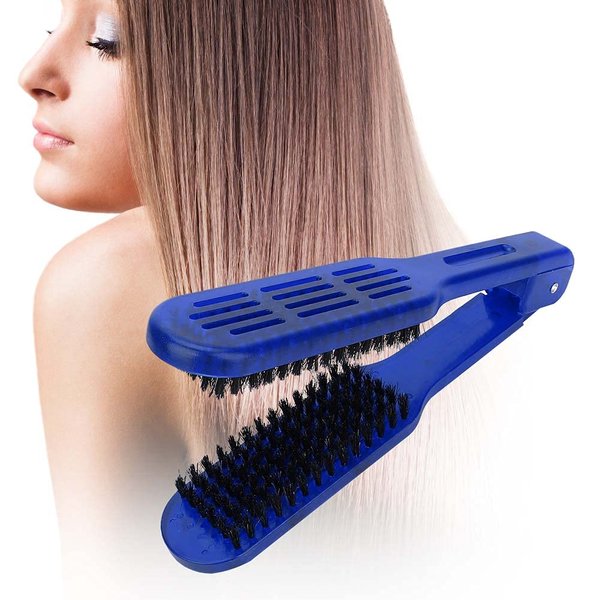 Double Sided Brush, Hair Straightening Comb Tool Splint V-Shape Tools Bristle For Home Barber Shop[Blue]