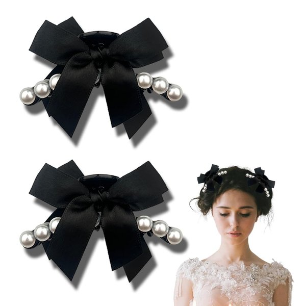 Small Pearl Bow Claw Clips for Women Bowknot Hair Claw Clip for Girls Bow Knot Hair Clip for Women Girls Black 2Pcs Satin Bow Barrette for Hair Accessories for Women Girls