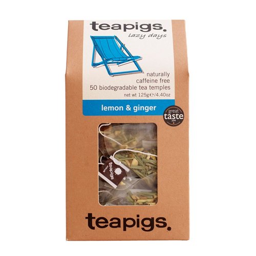 teapigs Lazy Days Lemon &amp; Ginger Herbal Tea Bags, 50 Count, Naturally Caffeine Free Big Leaf Tea,...