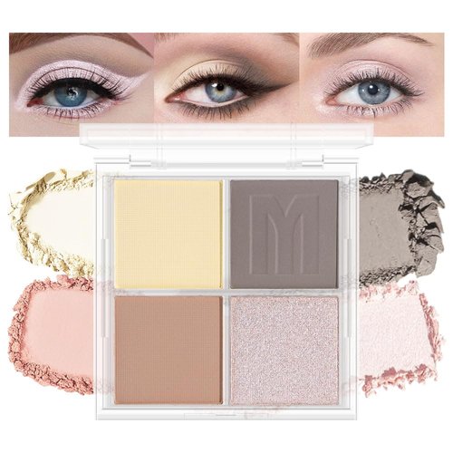 Eyeshadow Quad Makeup Palette, Yellow Gray Skin color Light pink Eyeshadow Palette, Matte Shimmer Effect, Long Lasting Waterproof, All-Day Wear, Cruelty-Free, Fine Silky Powder for Girls, 0.35 Ounce