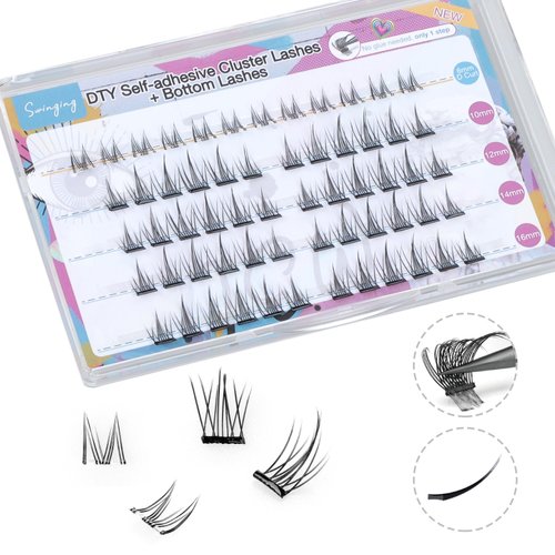 SWINGING Self Adhesive Flat Lash Clusters & Bottom Lashes Eyelash Clusters D Curl Cluster Eyelash Extensions Double Tips Soft Lightweight Reusable Individual Lashes (Flat&Bottom-2)