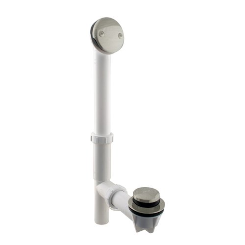 Westbrass 593244-07 14" x 1-1/2" White Tubular Bathtub Waste & Overflow Assembly with Tip-Toe Drain Plug and 2-Hole Faceplate, 1-Pack, Satin Nickel