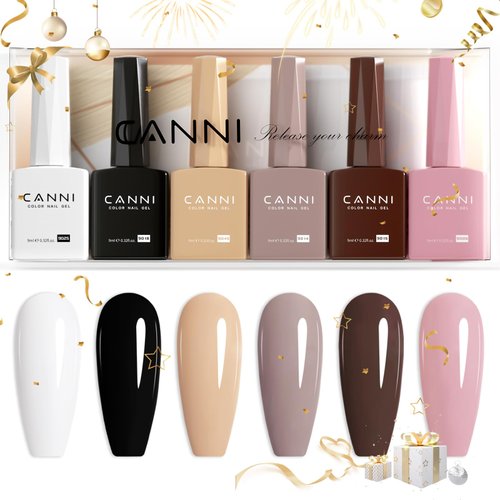 CANNI 9ml Hema-Free White Black Gel Nail Polish Set- 6Pcs White Black Nude Pink Brown Colors Gel Polish Kit, Soak Off LED Nail Gel Manicure Kit DIY at Home Salon Gifts for Women Girls