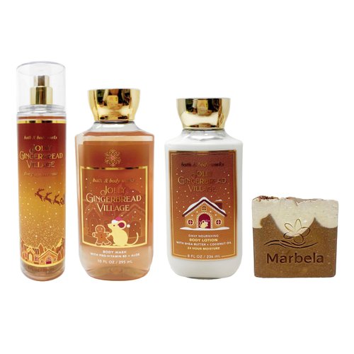 Bath & Body Works Jolly Gingerbread Village - Trio Gift Set - Fine Fragrance Mist, Body Wash and Body Lotion with a Yamma Jamma Bar Soap, Full Size, brown