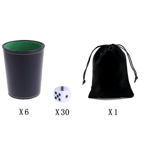 Leather Dice Cup, Quite Felt-Lined Interior, 6 Shaker Cups and 30 Dot Dices, one Carry Bag (Black and Green)