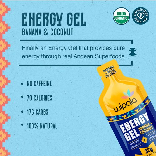 Wipala Energy Gel, Banana Coconut, 12 Pack - Caffeine Free, Certified Vegan, Non GMO - Clean Energy For Endurance Exercise, Running & Performance