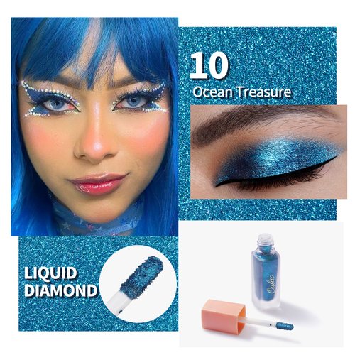 Oulac Blue Liquid Glitter Eyeshadow Liquid Shimmer Eyeshadow Liquid Eyeliner Non-sticky One-Swipe Coverage with Quick-Drying Crease-resistant Formula.Vegan & Cruelty-Free.(10)