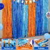 Boy Birthday Decorations, Blue Birthday Supplies, Light Blue Navy Brown Tan Orange Banner, Fringe Curtain, Boho Balloons, Pom Poms Backdrop