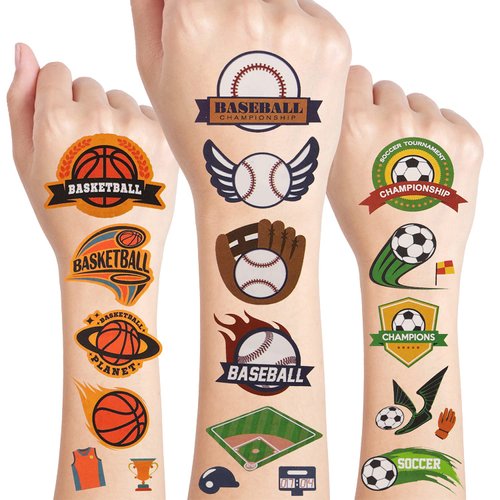 Cleverplay 24 Sheets Waterproof Temporary Tattoos, Sports Themed Party Favors, Birthday Decorations, Football Soccer Baseball Basketball