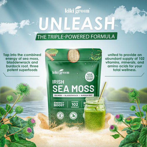 KIKI Green Irish Sea Moss Powder 8 Oz - Wildcrafted Sea Moss with Bladderwrack Burdock Root Powder Dr Sebi Sea Moss for Immune Support - Keto, Vegan Friendly Powder