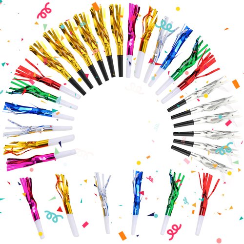 TXMLXY 24 Pcs Glitter Noisemakers, Metal Tassel Music Birthday Blowers, Horn Whistles Party Favors Blow Out, Kids New Year's Eve Noisemakers (Color, Gold, Silver)