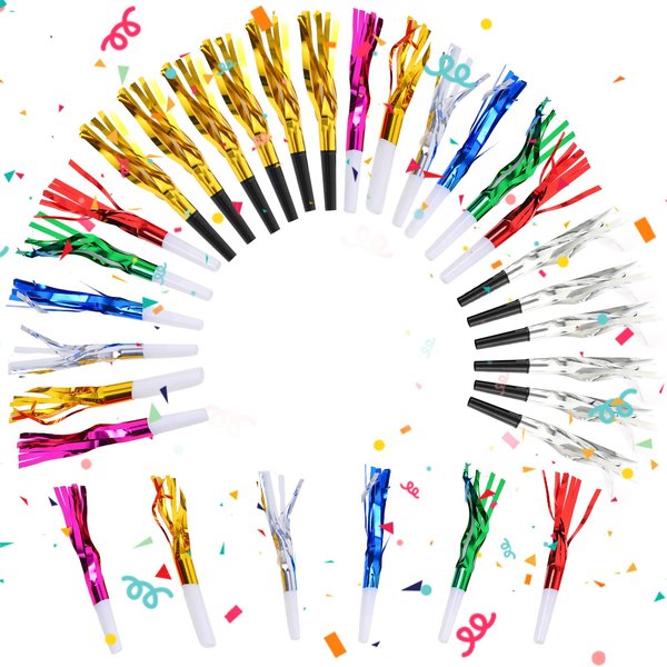 TXMLXY 24 Pcs Glitter Noisemakers, Metal Tassel Music Birthday Blowers, Horn Whistles Party Favors Blow Out, Kids New Year's Eve Noisemakers (Color, Gold, Silver)