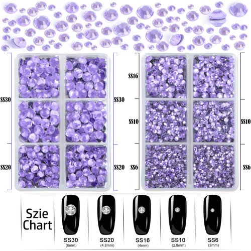 LPBeads 6400 Pieces Violet Purple Hotfix Rhinestones Flat Back 5 Mixed Sizes Crystal Round Glass Gems with Tweezers and Picking Rhinestones Pen