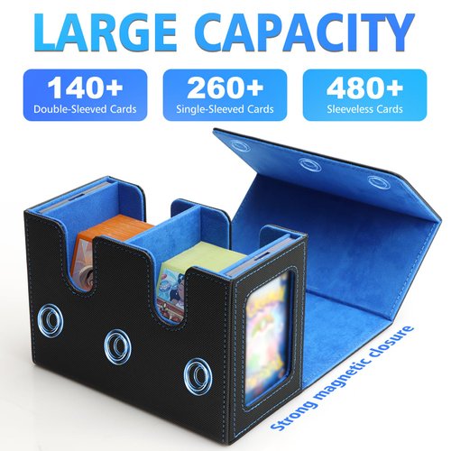 SANZIE Card Deck Box for MTG Commander Deck Box with 2 Toploaders 35PT fits 260+ Single Sleeved Trading Cards TCG Deck Box for Magic Game Cards (Black&Blue)