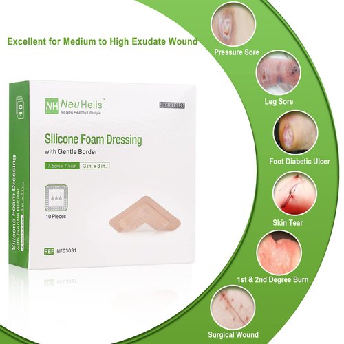 NeuHeils Silicone Adhesive Foam Dressing with Gentle Border 3''x3'' for Bed Sore, 10 Packs, High Absorbency Waterproof Silicone Wound Bandage for Foot Diabetic Ulcer