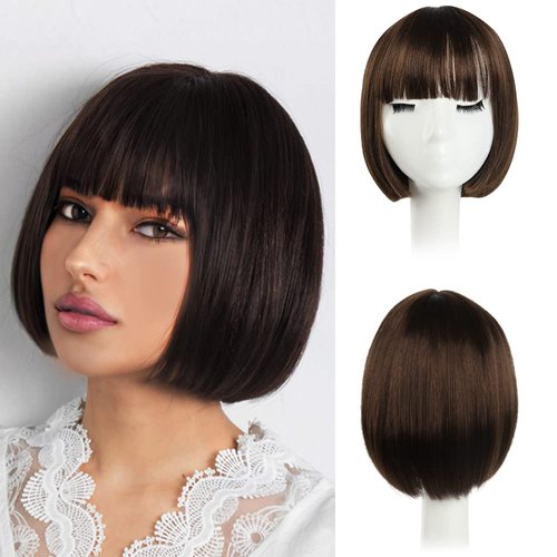 HSPJHTM Bob Wig, Brown Short Wigs Flame Retardant 10" Straight Silky Fluffy Womens Hair Wigs Synthetic Black Wig With Bangs Girl Cosplay Colorful Blonde Women Daily Much Colors (Free Wig Cap)