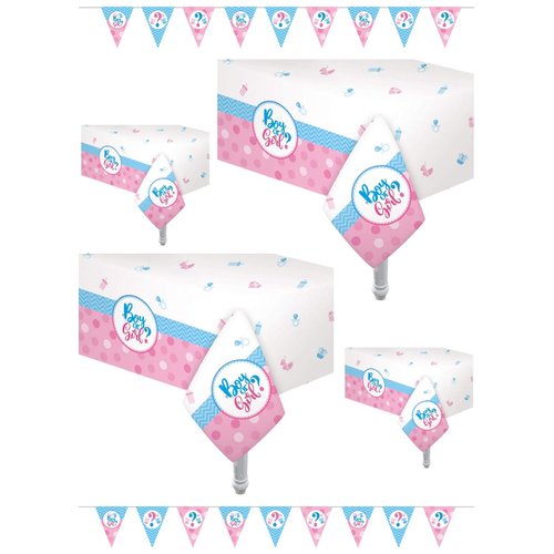 Oojami 4 Pack Gender Reveal Theme Plastic Table Cover Size: 54" x 108" Includes Two Pennant Banner Boy or Girl Party Supplies