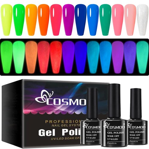 COSMOO 12PCS Glow in The Dark Gel Nail Polish, Luminous Neon Gel Nail Polish Set Hot Pink Yellow ...