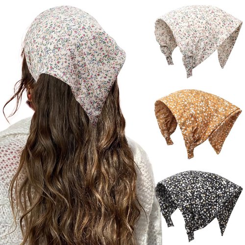 HAIMEIKANG Floral Hair Scarf Headbands for Women Boho Bandanas for Women Triangle Kerchief Solid Color Hair Bands Vintage Head Scarf (Beige+Yellow+Black)
