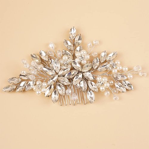 BERYUAN Wedding Pearls Crystal Rhinestone Hair Comb Pearls Crystal Flowers Bride Headpiece Crystal Pearls Wedding Hair Accessories Handmade Wedding Hairband for Wedding Women and Girls (silver)
