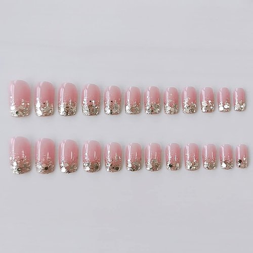 RikView Press on Nails Short Fake Nails Pink Nails Clear Square Acrylic Nails with Sequins