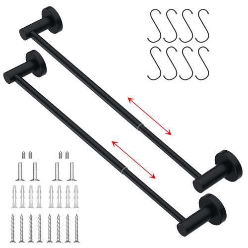 2 Pack Adjustable 16 to 27.6 Inch Single Towel Bar, iMomwee Oil Rubbed Black Finished SUS304 Stainless Steel Bathroom Towel Rod, Wall Mount Towel Rail with S Hooks for Kitchen Washroom (1" Diameter)