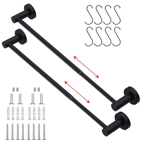 2 Pack Adjustable 16 to 27.6 Inch Single Towel Bar, iMomwee Oil Rubbed Black Finished SUS304 Stainless Steel Bathroom Towel Rod, Wall Mount Towel Rail with S Hooks for Kitchen Washroom (1" Diameter)